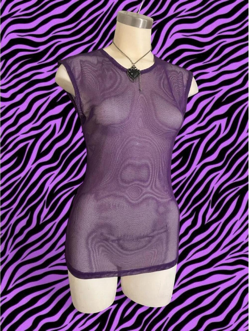 NWT Unisex Tripp NYC Purple shiny fishnet top with subtle trippy effect.